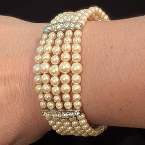 Pearl Rhinestone Cuff Bracelet, Bridal, Wedding, Statement, Silver Tone, Ivor